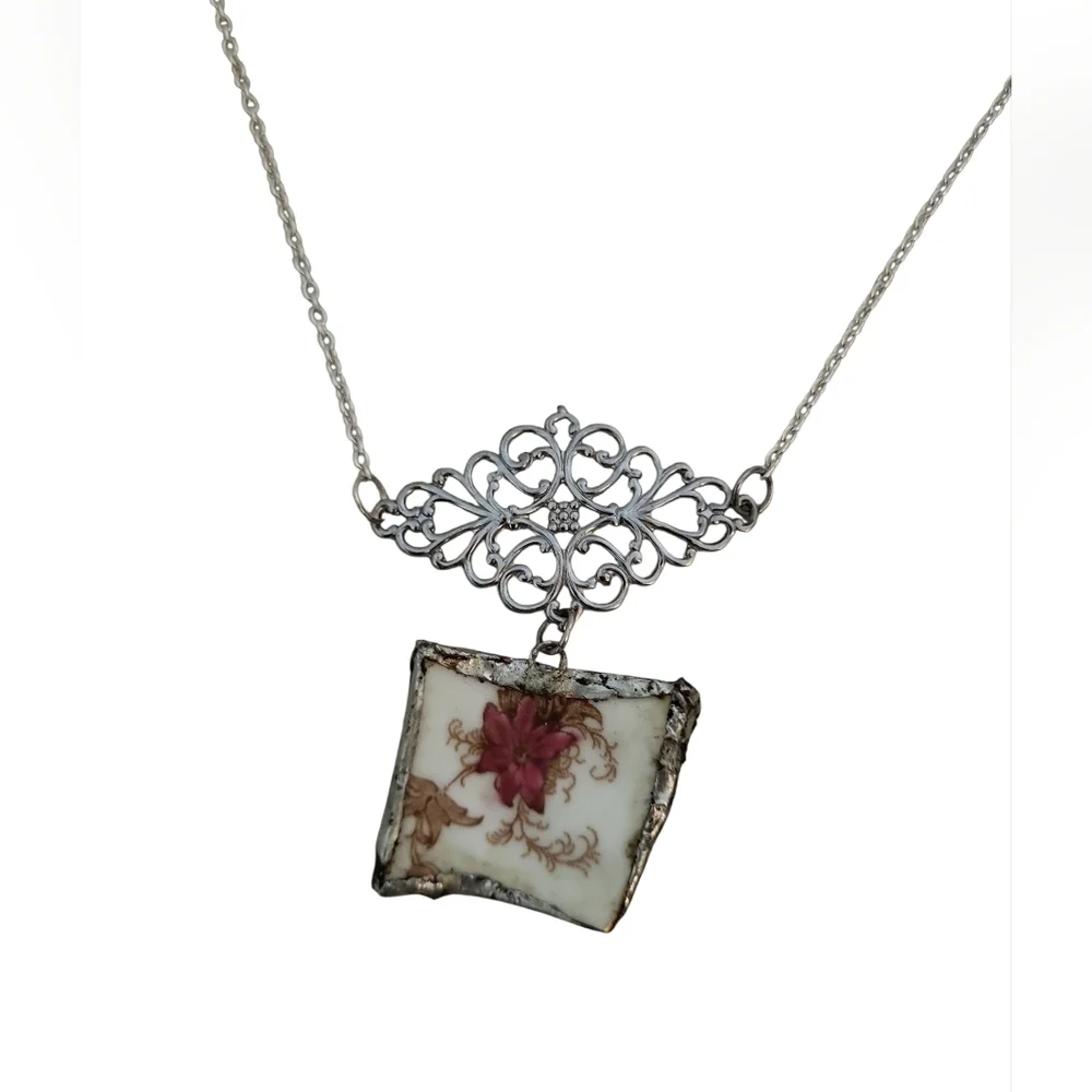 Upcycled Broken China Floral Pendant Filigree Necklace